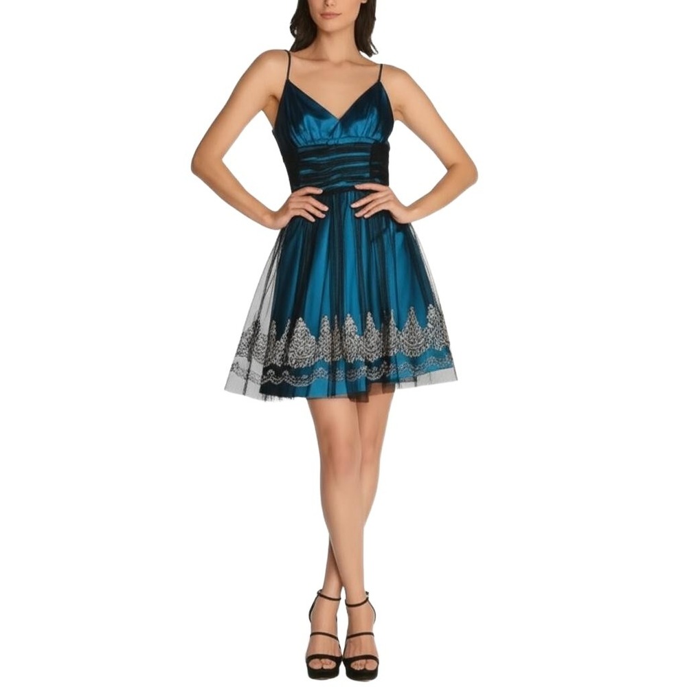 Morgan & Co Juniors 7/8 Black Blue Cocktail Dress Embroidered Tulle Elegant HOCO